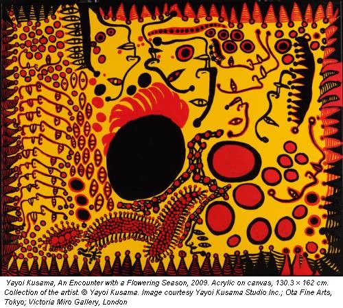 Yayoi Kusama, An Encounter with a Flowering Season, 2009. Acrylic on canvas, 130.3 � 162 cm. Collection of the artist. &copy; Yayoi Kusama. Image courtesy Yayoi Kusama Studio Inc.; Ota Fine Arts, Tokyo; Victoria Miro Gallery, London