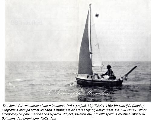 Bas Jan Ader: 'In search of the miraculous' [art & project, 89]. T.2004-1160 binnenzijde (inside). Litografia a stampa offset su carta. Pubblicato da Art & Project, Amsterdam, Ed. 800 circa / Offset lithography on paper. Published by Art & Project, Amsterdam, Ed. 800 aprox. Creditline: Museum Boijmans Van Beuningen, Rotterdam